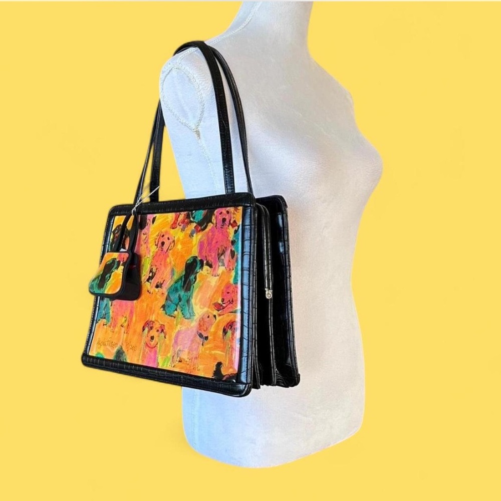 Vintage Angela Frascone bright dog print accordion trapezoid shoulder bag